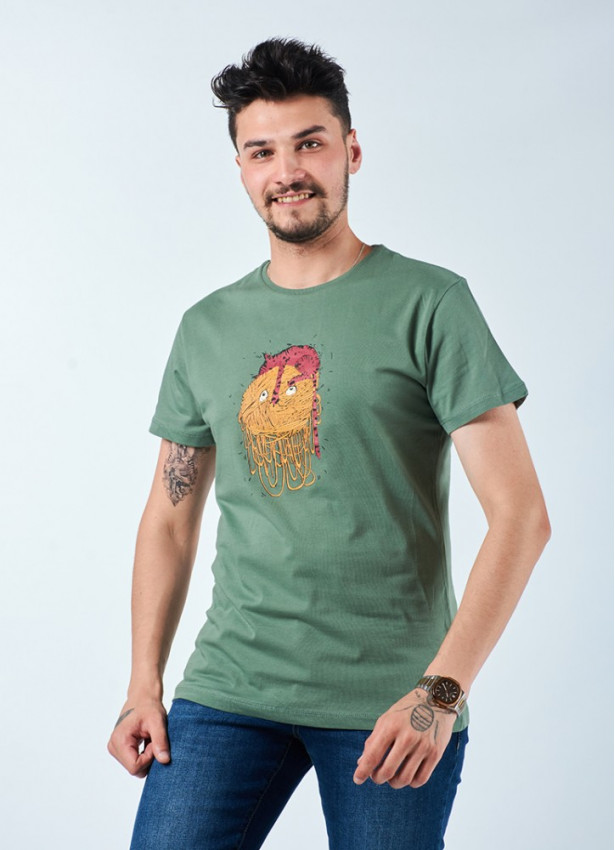 Yumak Kedi Baskılı Kısa Kollu Erkek Yeşil T-Shirt